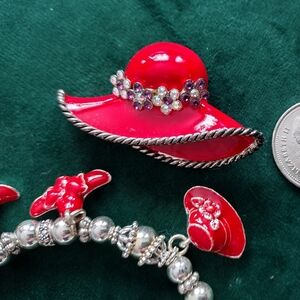 3/$21 Vintage Red Hat and Silver Charm Bracelet and Brooch Set